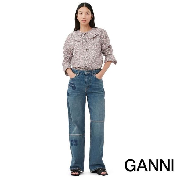 GANNI **NWT** Frost Gray Floral Print Cotton Poplin Double-Collar Shirt - Picture 3 of 16